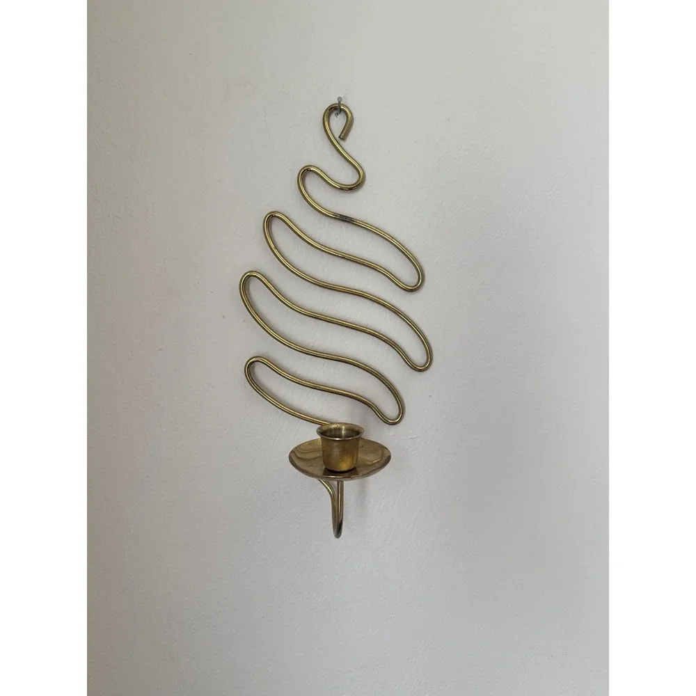 Vintage Brass Wavy Wire Wall Sconce Zig Zag Taper Candle Holder MCM Abstract